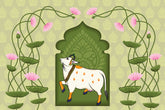 Decorative wallpaper with illustrated Indian cows and folk art elements